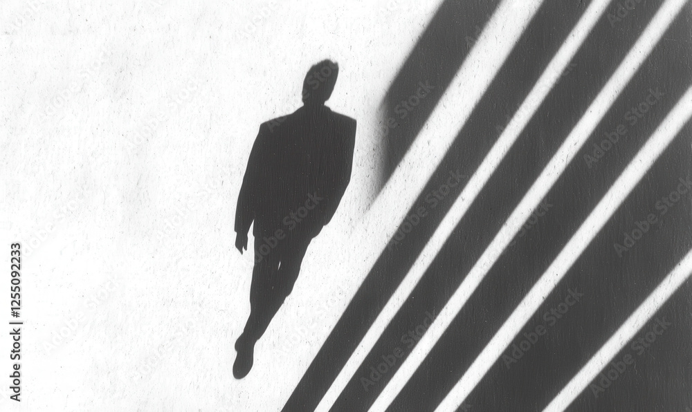 Poster exploring the intersection of light and shadow: a captivating silhouette walking through minimalist 