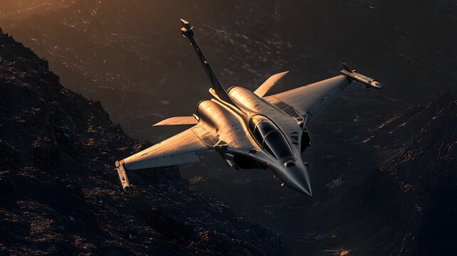 Rafale fighter jet soars through a canyon at sunset