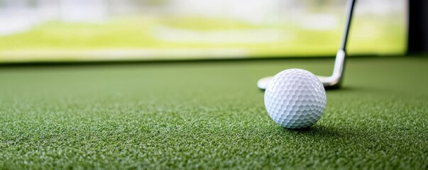 Golf ball on green surface indoor golf course sports photography calm environment close-up view focus on precision