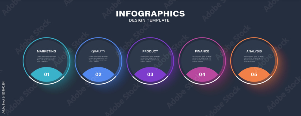 Poster colored circles infographic design template with 5 steps. deep blue vector design