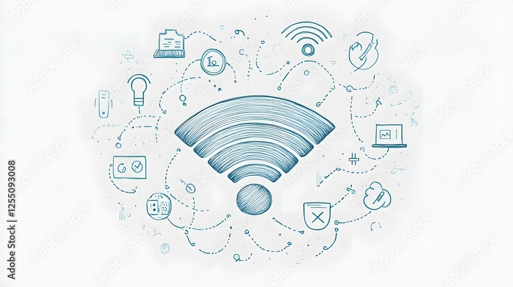 Poster wifi symbol surrounded by connected tech device sketches