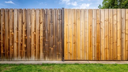 A weathered wooden fence contrasts with a freshly treated section, showcasing the effects of natural aging and protective treatments on timber