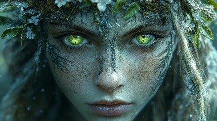Enigmatic Forest Guardian with Glowing Green Eyes and Mossy Antlers