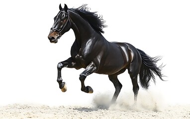 Obraz premium Black horse galloping, isolated on white background, with sand. Possible stock photo use