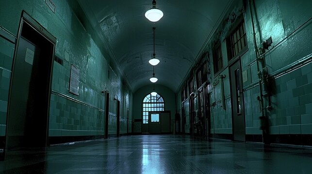 Eerie mental asylum hallway at night, creating a haunting and suspenseful atmosphere.  
