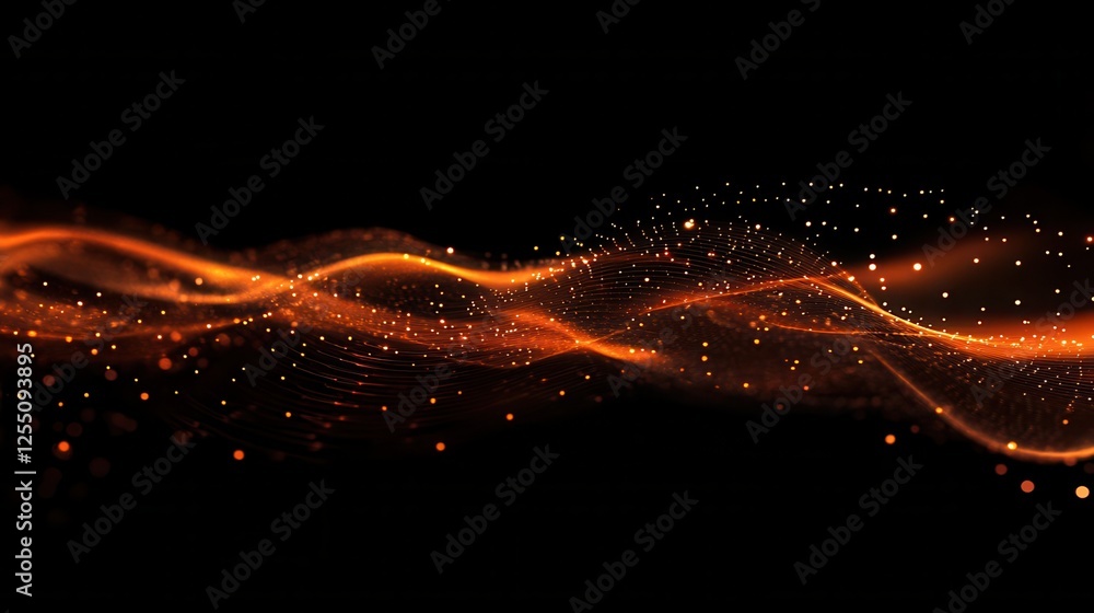 Poster abstract glowing orange network lines and dots with bokeh on a black background.