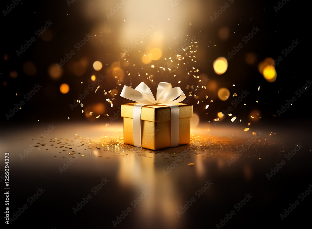Poster a golden gift box tied with a white bow sits on a dark surface, illuminated by a bright light and su