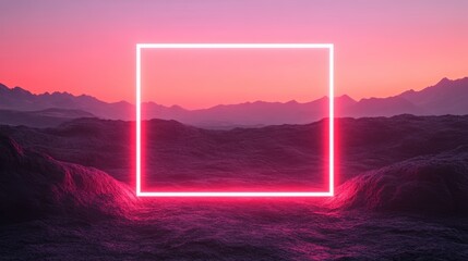 A glowing pink rectangle contrasts against a serene, colorful sunset over mountains, creating a surreal and digital aesthetic.