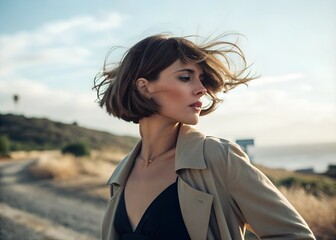 Woman, bob haircut, windswept hair, outdoor portrait, fashion