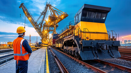 Engineer supervising cargo train loading operations at industrial port at dusk
