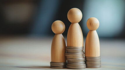 Money Inequality: Wooden Depiction of Rich and Poor on Coin Stacks. Three wooden figures stand on uneven stacks of money, symbolizing financial disparity and economic injustice