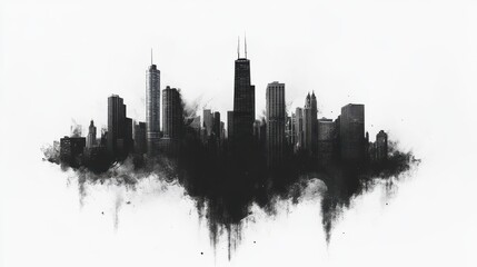 Obraz premium Black and white silhouette of the Chicago skyline with a watercolor effect.