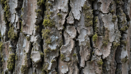 Fototapeta premium Rough bark texture with jagged edges, deep cracks, and moss patches