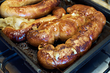 Homemade baked potato sausage in pork intestine. Traditional Polish, Ukrainian dish. Selective focus
