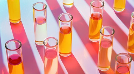 Clear Glass Vials Displaying Pastel Liquids in Soft Lighting