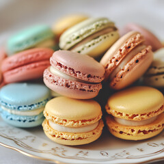 Fototapeta premium Pastel Macarons: A delicate array of pastel-colored macarons, showcasing their delicate textures and vibrant hues, are arranged artfully, creating a visually enticing and mouthwatering display.