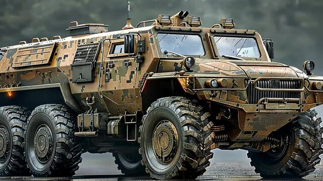 A rugged, all-terrain armored military vehicle with a digital camouflage pattern, large reinforced tires, and advanced defense equipment, designed for extreme conditions.