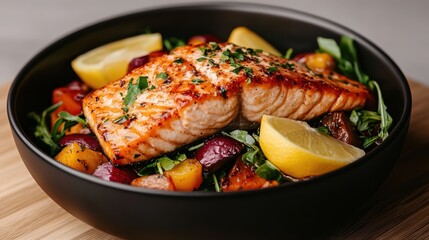 A beautifully plated dish featuring grilled salmon, garnished with herbs and lemon, served with a colorful mix of roasted vegetables.