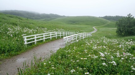 Fototapeta premium Misty path, white bridge, green hills, wildflowers. Peaceful landscape, travel imagery