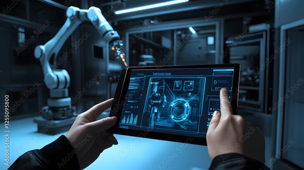 Poster operator uses tablet to control robotic arm in factory