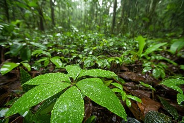Close-up of Dew-Covered Palmate Leaves on Rainforest Floor