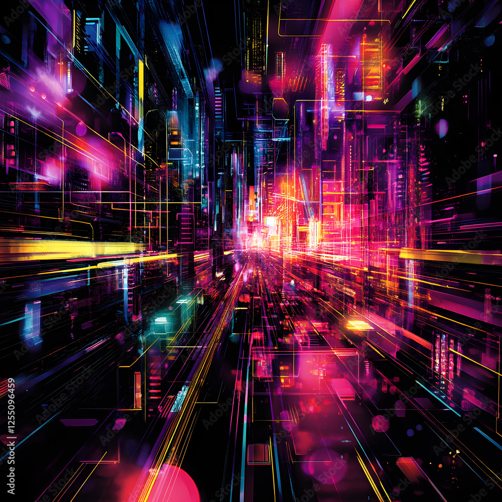Poster digital cityscape: a vibrant and intricate digital cityscape explodes with color, showcasing the int