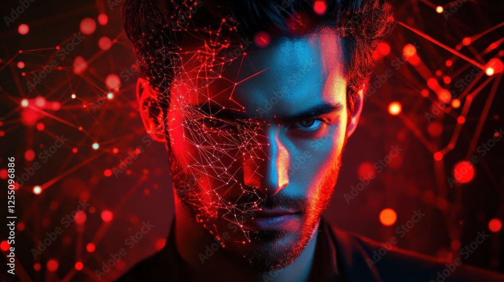 Poster abstract red lines illuminated with glowing particles