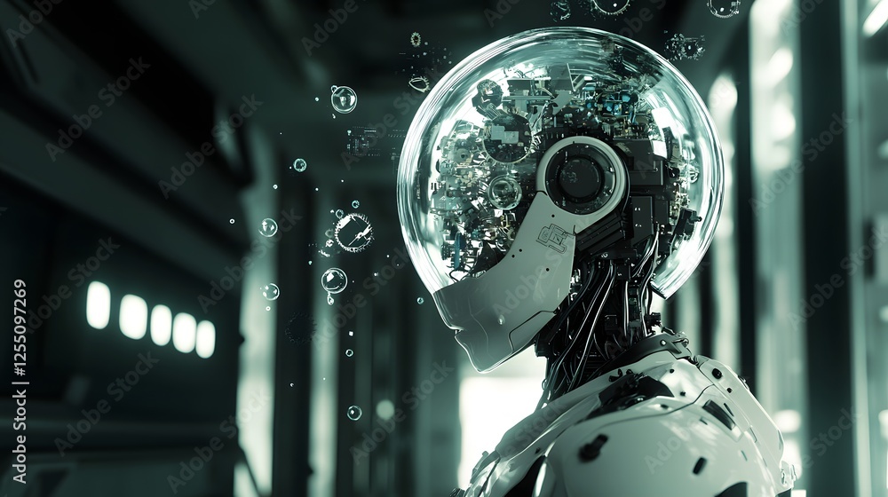 Poster futuristic robot with transparent helmet filled with intricate mechanisms