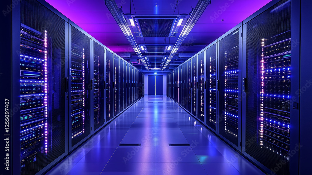 Fototapete Dark colorful servers center room with computers and storage systems. Generative ai