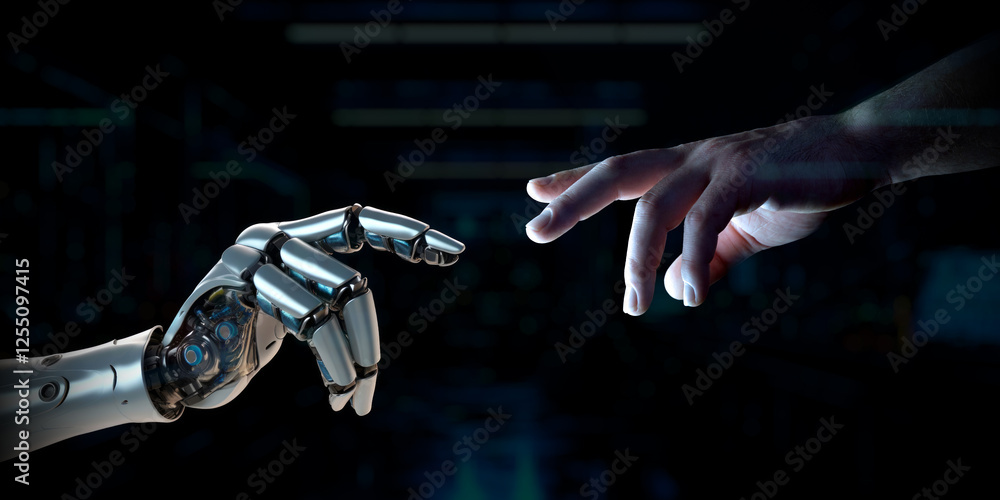 Aufkleber robot finger about to touch human finger on dark background. man hand going closer to cyborg hand. g