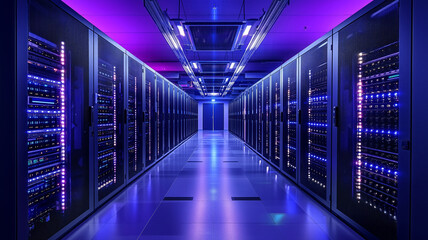 Obraz premium Dark colorful servers center room with computers and storage systems. Generative ai