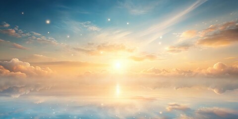 Obraz premium Serene Sunset Reflection A Dreamlike Panorama of Golden Hues and Celestial Glimmers Across a Calm Waterscape