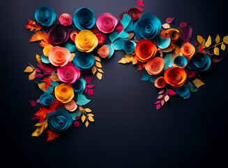Colorful paper flowers and leaves are artfully arranged on a dark backdrop, creating a vibrant and decorative corner floral design. The colorful blooms and foliage offer a touch of handmade elegance.