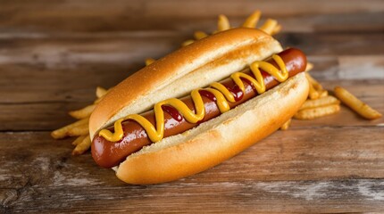 A delicious hot dog topped with mustard and ketchup, served in a soft bun, perfect for summer BBQs and outdoor gatherings