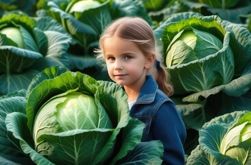 One girl, about 10 years old, stands in a bright field of green cabbage, smiles joyfully, demonstrates friendship and adventure farming concept, children's activities, outdoor games