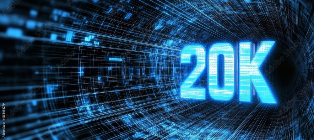 Poster glowing digital big 3d number 20k on a futuristic binary code technological background illustration.