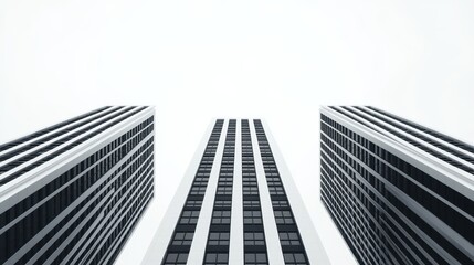 A low-angle view of tall, modern skyscrapers against a minimalistic white sky, emphasizing architectural lines and symmetry.