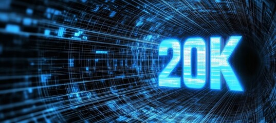 Glowing Digital Big 3D Number 20K On A Futuristic Binary Code Technological Background Illustration.