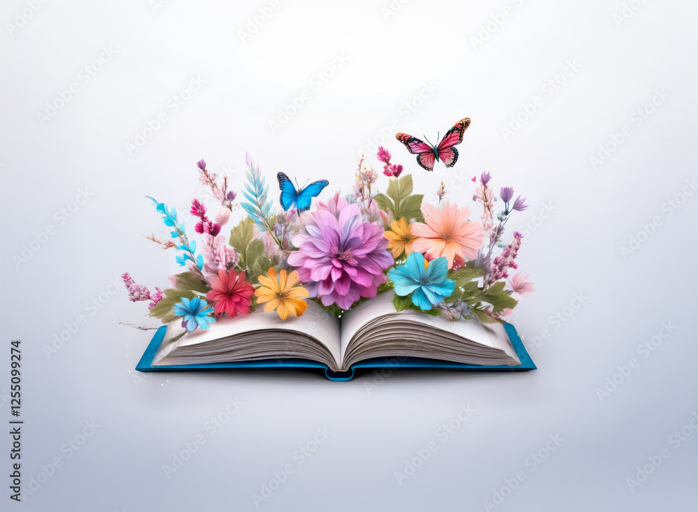 Poster an open book with vibrant flowers and butterflies blossoming from the pages, creating a colorful and
