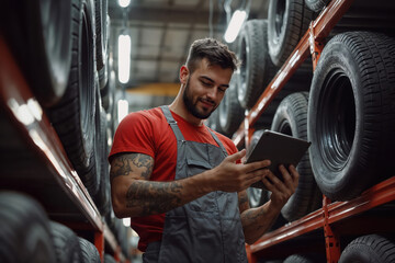 Mechanic using digital tablet checking tires in warehouse