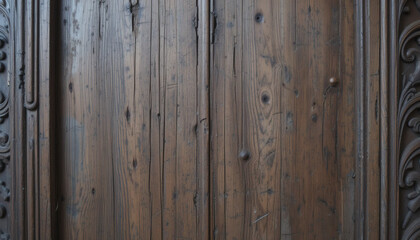Fototapeta premium Wooden door texture with intricate carvings, scratches, and patina