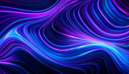 Fototapeta premium Neon ripple pattern texture. Blur purple blue fluorescent lights color gradient. Defocused glow. Iridescent wave. Light curve lines abstract background. Copy space.