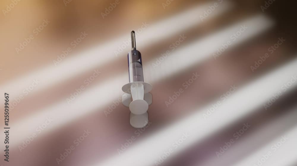 Poster disposable syringe rotates on silver background with backlight. 3d render looped animation