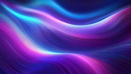 Neon ripple pattern texture. Blur purple blue fluorescent lights color gradient. Defocused glow. Iridescent wave. Light curve lines abstract background. Copy space.