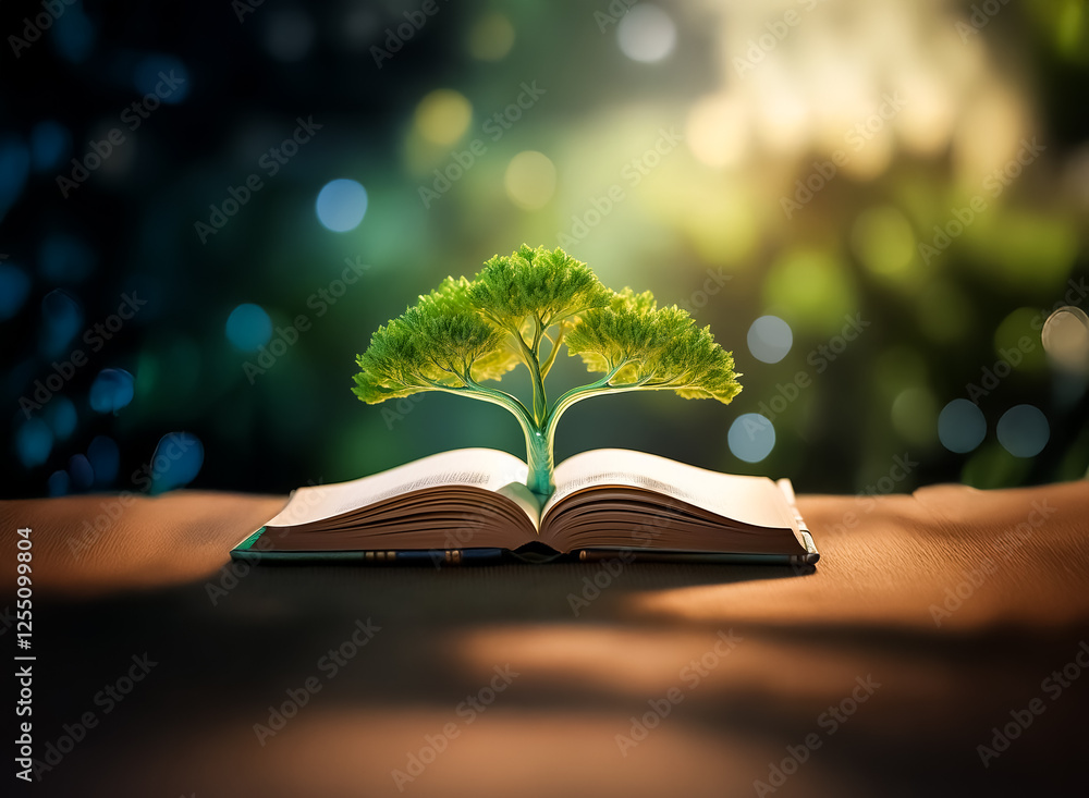 Poster a small green tree sprouts from the pages of an open book, symbolizing growth and knowledge. soft bo