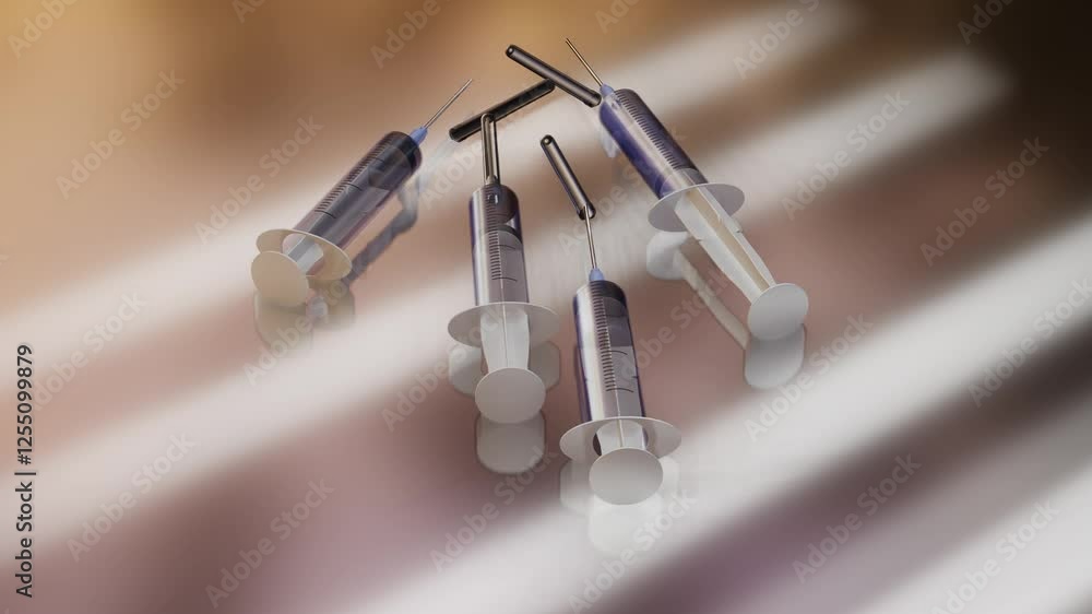 Aufkleber disposable syringes rotate on a silver background with backlight. 3d render looped animation
