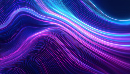 Obraz premium Neon ripple pattern texture. Blur purple blue fluorescent lights color gradient. Defocused glow. Iridescent wave. Light curve lines abstract background. Copy space.