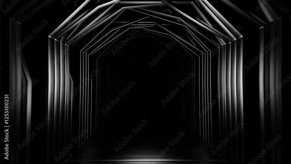 Poster endless forward movement in a dark corridor of arches of different shapes with lighting. 3d render l