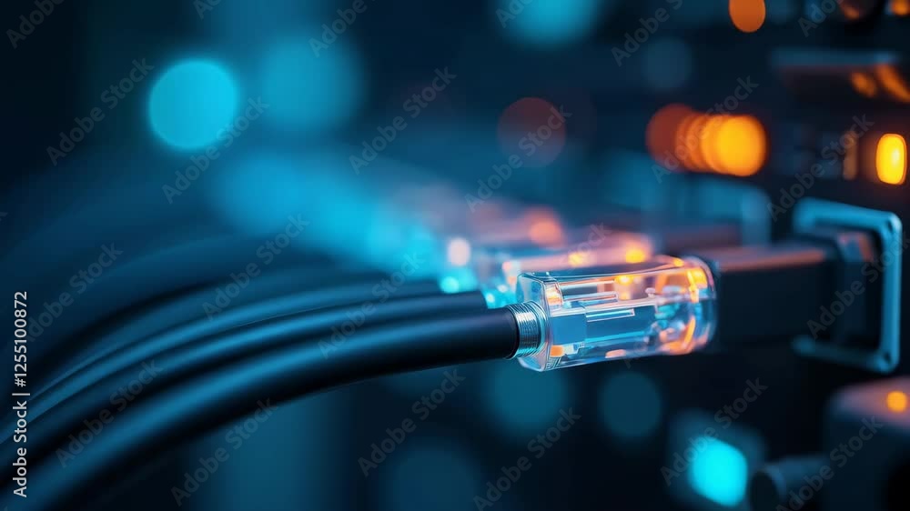 Poster network ethernet cables close up with blue bokeh lights. internet connection. digital infrastructure