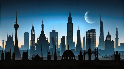 Fototapeta premium Night city skyline with glowing lights and crescent moon